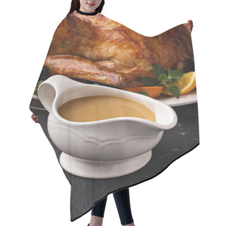 Personality  Homemade Gravy In A Sauce Dish With Turkey Hair Cutting Cape