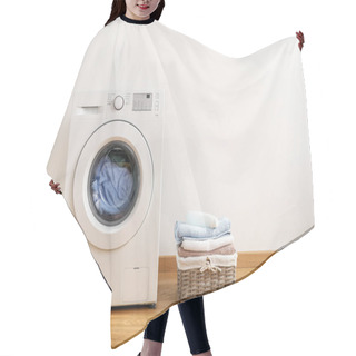 Personality  Washing Machine, Washing Gel And Laundry Basket On White Background Hair Cutting Cape