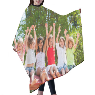 Personality  Happy Kids Raising Hands Outdoors. Hair Cutting Cape