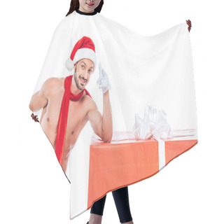 Personality  Shirtless Muscular Man In Christmas Hat And Red Scarf Standing Near Big Gift Box And Pointing At Camera Isolated On White Background Hair Cutting Cape