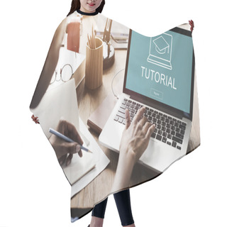 Personality  Woman Working On Laptop With Tutorial Hair Cutting Cape