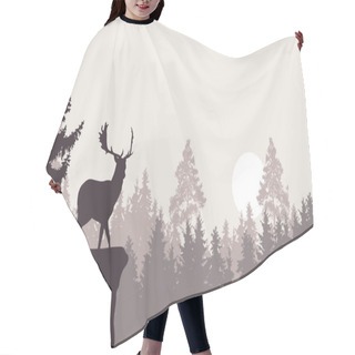 Personality  Realistic Illustration Of A Mountain Landscape With A Forest With Deer Standing On A Rock. Retro Sky With Rising Sun Or Moon - Vector Hair Cutting Cape