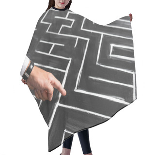 Personality  Cropped View Of Businessman Pointing With Finger At Labyrinth Hair Cutting Cape
