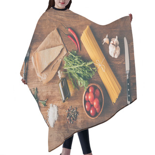 Personality  Top View Of Row Pasta, Fresh Ingredients, Parmesan, Fork And Knife On Wooden Table Hair Cutting Cape