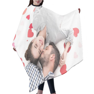 Personality  Overhead View Of Couple Lying With Paper Hearts Isolated On White, Valentines Day Concept Hair Cutting Cape