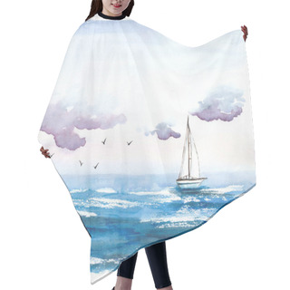 Personality  Watercolor Illustration Of Blue Sea With White Boat And Clouds Sky Hair Cutting Cape