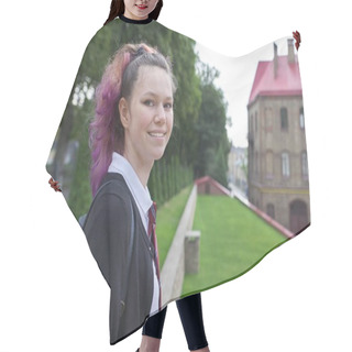 Personality  Outdoor Teenager Girl Student With Backpack In School Uniform Hair Cutting Cape