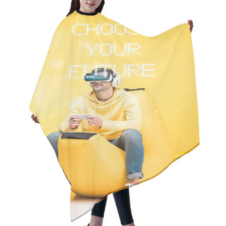 Personality  Man On Bean Bag Chair In Virtual Reality Headset On Yellow With Choose Your Future Illustration Hair Cutting Cape