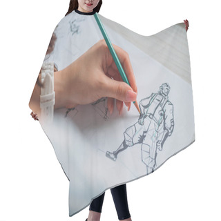 Personality  Selective Focus Of Illustrator Drawing Cartoon Character On Paper  Hair Cutting Cape