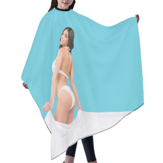 Personality  Caucasian Young Woman In Bikini Posing With White Veil, Isolated On Blue Hair Cutting Cape