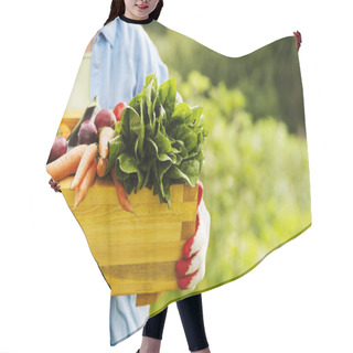 Personality  Senior Woman Holding Box With Vegetables Hair Cutting Cape