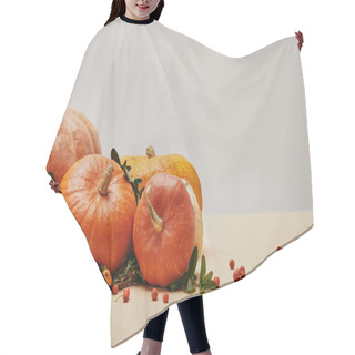 Personality  Autumnal Decoration With Pumpkins And Firethorn Berries On Beige Table Hair Cutting Cape