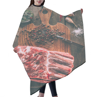 Personality  Top View Of Raw Pork Ribs And Spices On Wooden Cutting Board Hair Cutting Cape