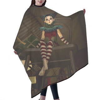 Personality  3d Computer Graphics Of A LLittle Clown Sitting On A Chair In A Loft Hair Cutting Cape