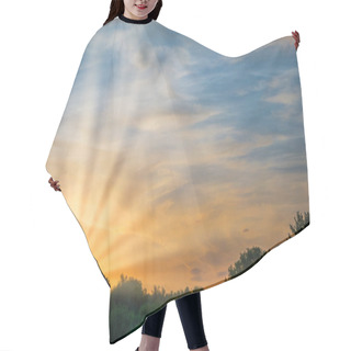 Personality  Sunset Over Forest Silhouette. Dramatic Sky With Sun Rays And Clouds Hair Cutting Cape