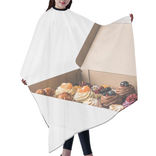 Personality  Close Up View Of Various Types Of Cupcakes In Cardboard Box Isolated On White Hair Cutting Cape