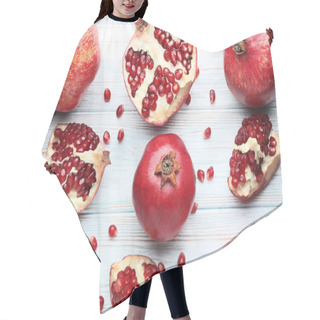 Personality  Ripe And Juicy Pomegranates On Wooden Table Hair Cutting Cape