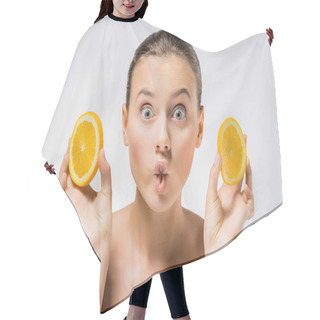 Personality  Young Woman With Funny Face Expression And Orange Slices Hair Cutting Cape
