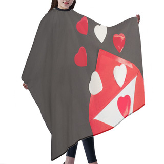 Personality  Top View Of Red Envelope With Love Letter And Paper Cut Hearts Isolated On Black  Hair Cutting Cape