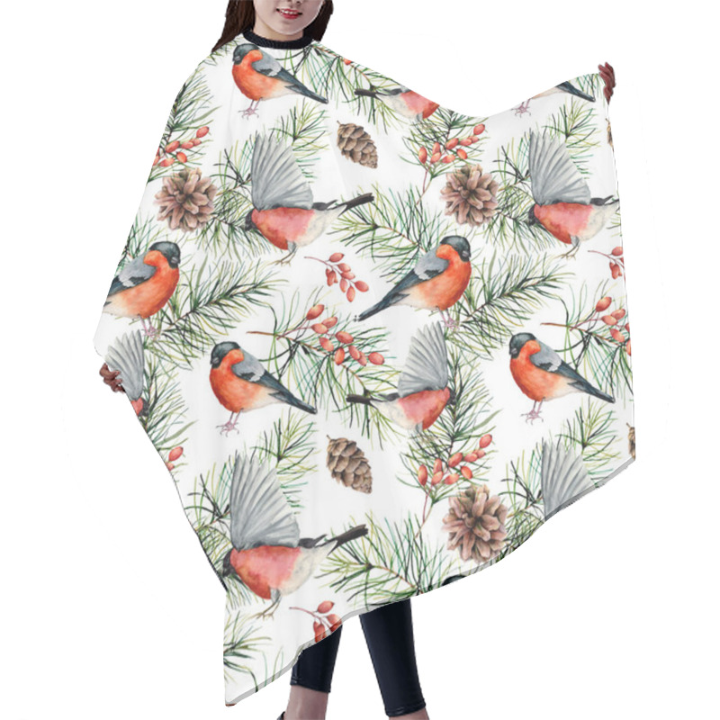 Personality  Watercolor Winter Pattern With Bullfinches. Hand Painted Birds, Pine Branches With Cones, Berries Isolated On White Background.  Holiday Nature Illustration For Design, Fabric, Print. Hair Cutting Cape