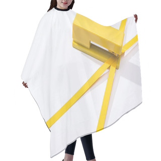 Personality  High Angle View Of Stapler And Paper Strips On White Background  Hair Cutting Cape