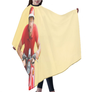 Personality  Excited Man In Helmet Riding Red Scooter Isolated On Yellow, Banner Hair Cutting Cape