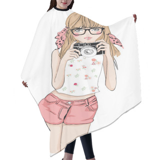 Personality  Girl With Photo Camera And Eyeglasses Hair Cutting Cape