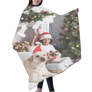 Personality  Excited African American Girl Holding Gift Box While Sitting Near Christmas Tree With Fluffy Cat And Labrador Dog  Hair Cutting Cape