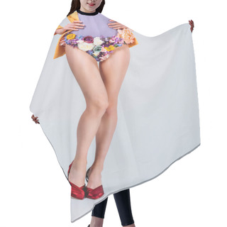 Personality  Cropped Shot Of Girl In Panties Made Of Beautiful Tender Flowers And High Heeled Shoes Standing With Hands On Waist Isolated On Grey Hair Cutting Cape
