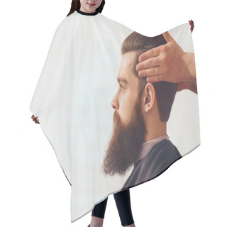 Personality  Bearded Man Sitting In The Barbershop Hair Cutting Cape