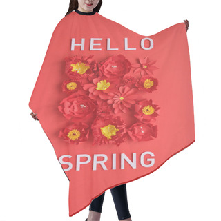 Personality  Hello, Spring. With Red Paper Flowers On Red Background. Hair Cutting Cape