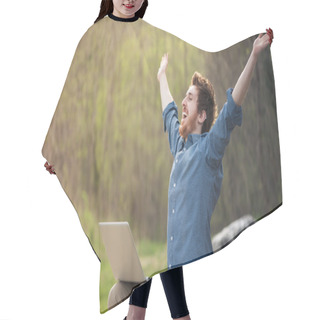 Personality  Happy Hipster With Laptop In The Forest Hair Cutting Cape