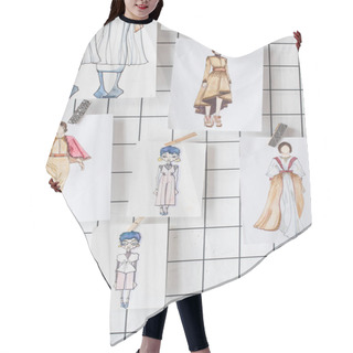 Personality  Sketches Of Fashion Outfit Hanged On White Checkered Background Hair Cutting Cape