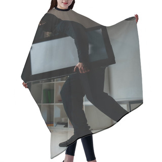 Personality  Cautious Thief In Mask Stealing Flat-screen Tv With Blank Screen Hair Cutting Cape
