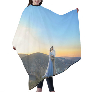 Personality  Bride And Groom Posing On Outdoor Wedding Photosession  Hair Cutting Cape