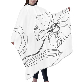Personality  Vector Monochrome Orchid With Leaves Isolated On White. Engraved Ink Art. Hair Cutting Cape