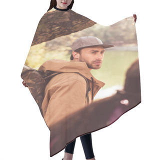 Personality  Young Bearded Man Traveler With Backpack Hair Cutting Cape