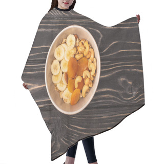 Personality  Top View Of Delicious Granola With Nuts, Banana And Dried Apricots On Wooden Black Surface Hair Cutting Cape
