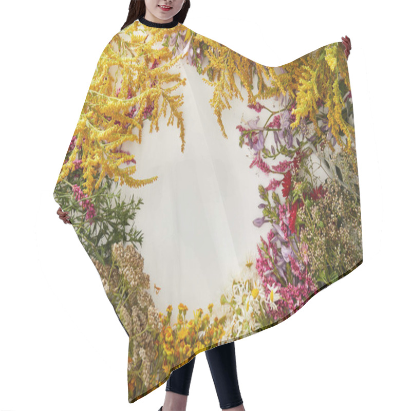 Personality  Top View Of Bunches Of Wildflowers On White Background With Copy Space Hair Cutting Cape