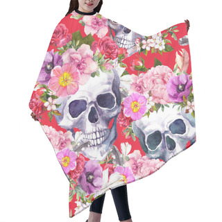 Personality  Human Skulls, Flowers On Red Background. Seamless Pattern. Watercolor Hair Cutting Cape