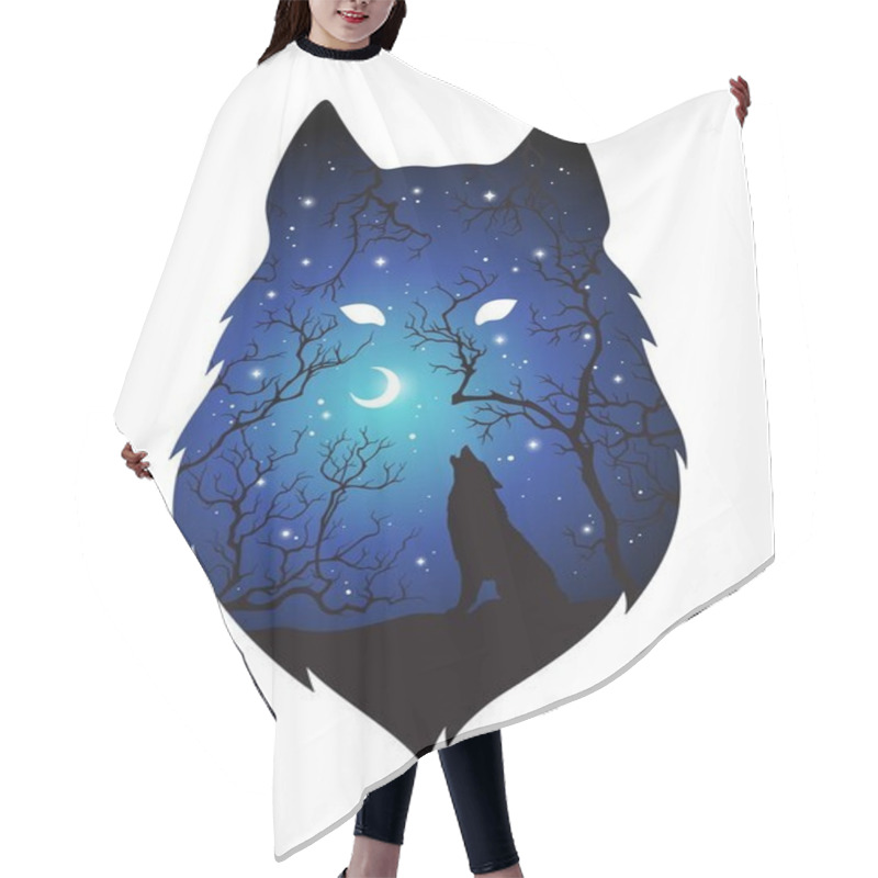 Personality  Double Exposure Silhouette Of Wolf In The Night Forest, Blue Sky With Crescent Moon And Stars Isolated. Sticker, Print Or Tattoo Design Vector Illustration. Pagan Totem, Wiccan Familiar Spirit Art Hair Cutting Cape