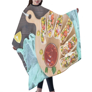 Personality  Tacos - Wheat Tortilla With Meat, Vegetables, Greens And Corn With Tomato Sauce On A Dark Wooden Background. Traditional Mexican Cuisine. The Top View Hair Cutting Cape