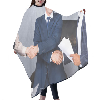Personality  Cropped View Of Businessman Shaking Hands With Multicultural Colleagues In Meeting Room Hair Cutting Cape