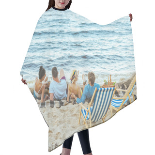Personality  Back View Of Multiethnic Friends Resting On Blanket On Sandy Beach Hair Cutting Cape