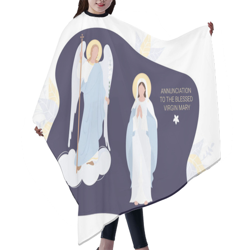 Personality  Annunciation To The Blessed Virgin Mary. Virgin Mary In A Blue Maforia Prays Meekly And The Archangel Gabriel With A Lily. Vector. For Christian And Catholic Communities, Postcard Religious Holiday  Hair Cutting Cape
