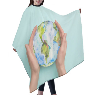 Personality  Top View Of Woman Holding Planet Picture On Turquoise Background, Earth Day Concept Hair Cutting Cape