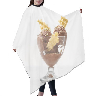 Personality  Delicious Chocolate Ice Cream In Glass Bowl With Waffles Isolated On White Hair Cutting Cape