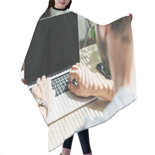 Personality  Back View Of Man Using Laptop With Blank Screen On Workplace Hair Cutting Cape