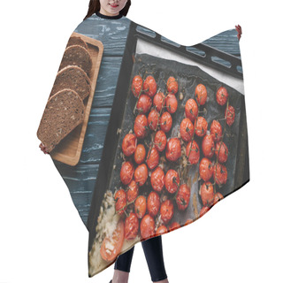 Personality  Baked Red Cherry Tomatoes With Cheese On Dark Wooden Table With Bread And Oil Hair Cutting Cape