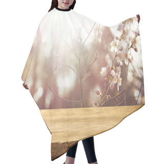 Personality  Wooden Table In Front Of Spring White Cherry Blossoms Tree Hair Cutting Cape